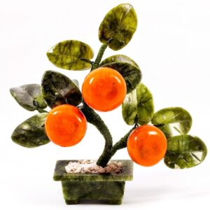 Бонсай  “Мандариновое дерево” – 3 мандарина, драгоценный камень Халцедон, змеевик