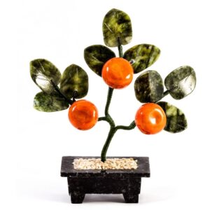 Бонсай “Мандариновое дерево” – 3 мандарина, драгоценный камень Халцедон, змеевик