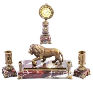 Эксклюзивный подарок Письменный набор из натурального камня “Лев с шаром” Драгоценный камень яшма Патинированная бронза