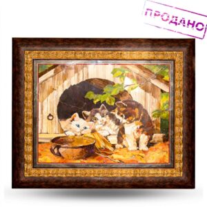 Флорентийская мозаика “Котята” Драгоценный камень яшма