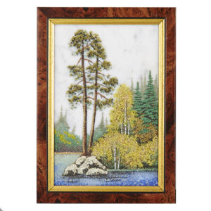 Картина «Река в лесу», камни мрамор, хризолит, цитрин, лазурит, 15*10 см