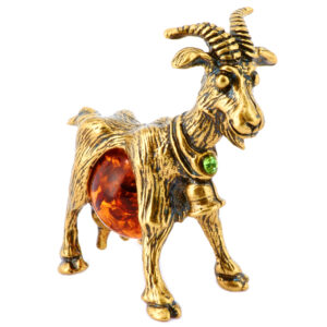 Фигурка с натуральным камнем «Коза с колокольчиком» Драгоценный камень янтарь, хризолит Литье бронза