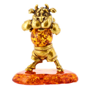 Фигурка из натурального камня «Бык боксер» Драгоценный камень янтарь Литье бронза