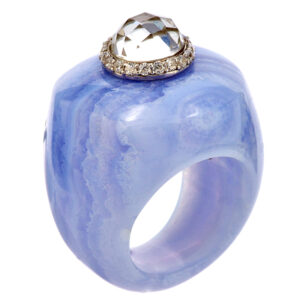Кольцо серебряное, камни голубой агат, горный хрусталь, фианит, размер 15-19