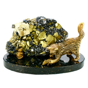 Фигурка из натурального камня «Кошка» Драгоценный камень пирит Литье бронза