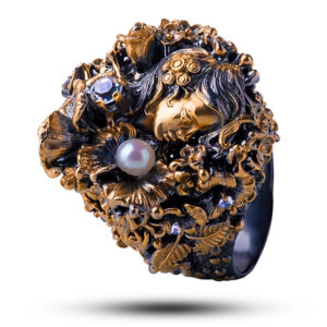 Кольцо серебряное «Жизель», камни жемчуг, празиолит, размер 18