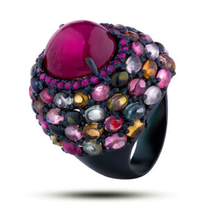 Кольцо серебряное, камни рубин, турмалин, размер 18,25