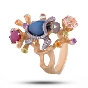 Кольцо золотое «Водный мир», камни аметист, изумруд, топаз, хризолит, цитрин, бриллиант, размер 18,5