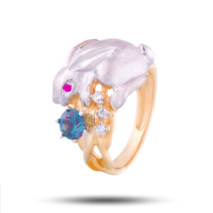 Кольцо золотое «Кролик», камни александрит, рубин, бриллиант, размер 17