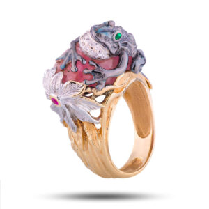 Кольцо золотое «Лягушка», камни рубин, турмалин, празиолит, размер 18