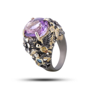 Кольцо серебряное с камнями аметист, сапфир, размер 18,5