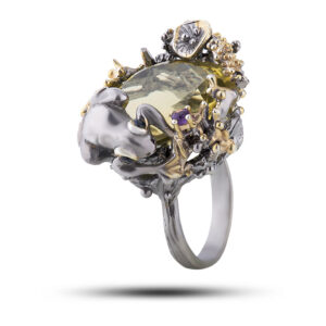 Кольцо серебряное «Лягушка» с камнями цитрин, аметист, шпинель, размер 17,75