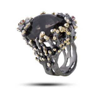 Кольцо серебряное, камни раухтопаз, спессартин, родолит, размер 18