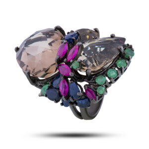 Кольцо серебряное, камни раухтопаз, рубин, сапфир, цитрин, размер 17,75