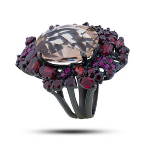 Кольцо серебряное с гранатом, рубином и раухцитрином, 80020