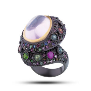 Кольцо серебряное с камнями розовый кварц, сапфир, рубин, размер 18