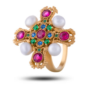 Кольцо серебряное “Крест”, камни жемчуг, нано изумруд, нано рубин, нано топаз, размер 17,5