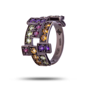 Эксклюзивное кольцо “Ника”, бренд “Denisov & Gems”, камни аметист, перидот, родолит, цитрин