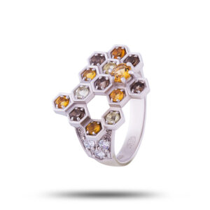 Эксклюзивное кольцо “Медовая жизнь”, бренд “Denisov & Gems”, камни раухтопаз, топаз, цитрин