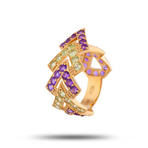Эксклюзивное кольцо “Юнона”, бренд “Denisov & Gems”, камни аметист, перидот