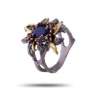 Кольцо серебряное «Цветок», камни опал, гранат, размер 18