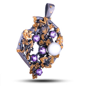 Подвеска серебряная “Дивный сад”, камни жемчуг, аметист, фианит, 55 мм