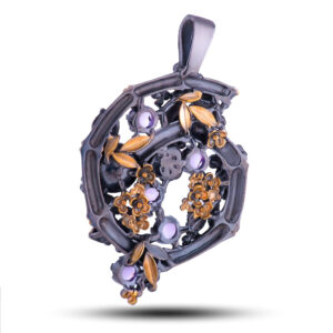 Подвеска серебряная “Дивный сад”, камни жемчуг, аметист, фианит, 55 мм