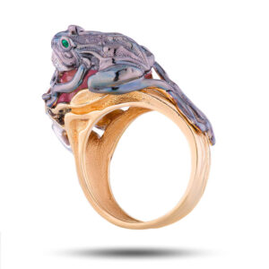 Кольцо золотое «Лягушка», камни рубин, турмалин, празиолит, размер 18