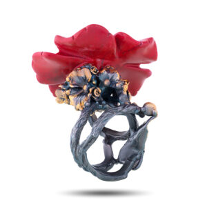 Кольцо серебряное «Райский цветок», камни яшма, гранат, фианит, размер 17