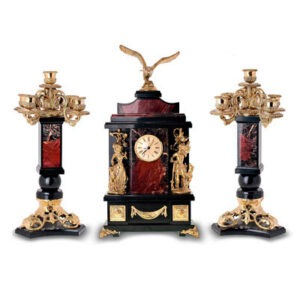Часы каминные «Охота», камни яшма, долерит, 44 см