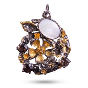 Кулон серебряный “Райские цветы”, камни раухтопаз, перламутр, 35 мм