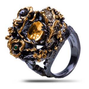Кольцо серебряное «Цветочная феерия», камни изумруд, цитрин, фианит, размер 17