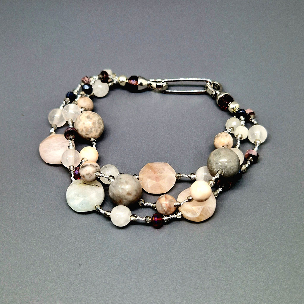Браслет из камней яшма, берилл, розовый кварц, 20 см, Аида-10026